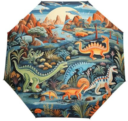 DDDIYEU Dinosaurier-Cartoon-Kunst Regenschirm Taschenschirm Auf-Zu Automatik Schirme Leicht UV-Schutz für Reise Jungen Mädchen Strand
