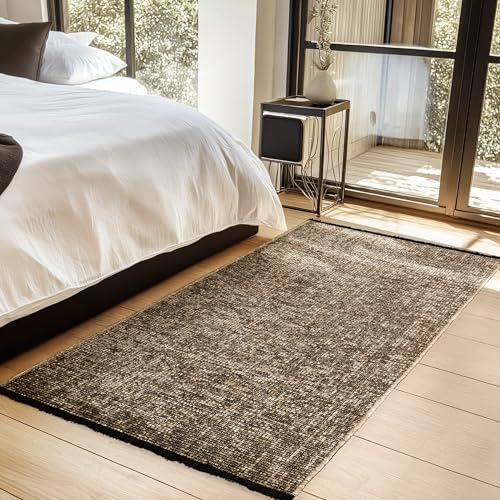 HomebyHome, Baumwolle Teppich Läufer Braun 80x150 cm - Waschbar, Boho-Stil, Vintage Kelim, Kurzflor, rutschfest & Weich, Einfarbig Meliert, Für Küche, Schlafzimmer & Flur