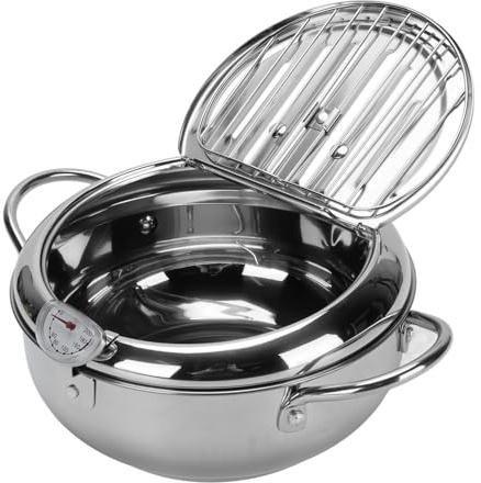Bote de Freidora Profunda, Acero Inoxidable Estilo Japonés Freidora Pequeña con Estante de Drenaje de Aceite, Control de Temperatura para Tempura (20 cm)