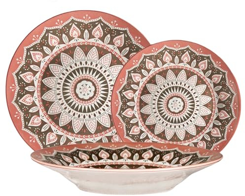 Service d'assiettes 18 pièces en porcelaine - 6 assiettes plates Ø27 cm, 6 fonds Ø23 cm, 6 fruits Ø20 cm - Couleurs et dessins assortis, élégant pour un usage quotidien et table moderne (rose)