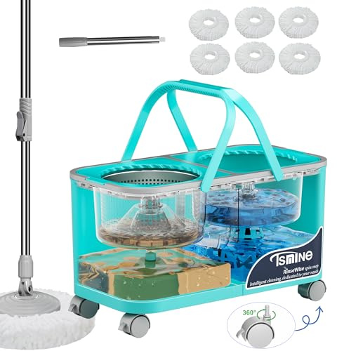 RinseWise Easy-Use Gen 2 Mop Bucket, Clean/Dirty Water Separation, 6 Heads | 1.5 Gal Clean-Water Capacity, Shower-Style Rinse, 4 Swivel Wheels, 61-Inch Handle, For Apartments, Hardwood & Tile Floors