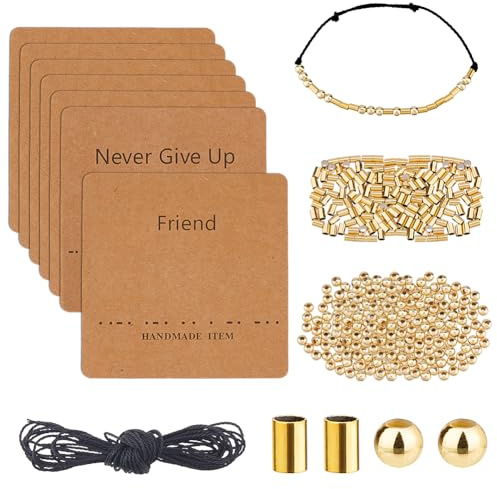 DICOSMETIC DIY Morse Code Armband Perlen Set Inklusive 200 Stück 2 Stilen Goldene Edelstahlperlen In Großpackung 5.46 Meter Gewachster Baumwollkordel 14 Stück Armband Displaykarten