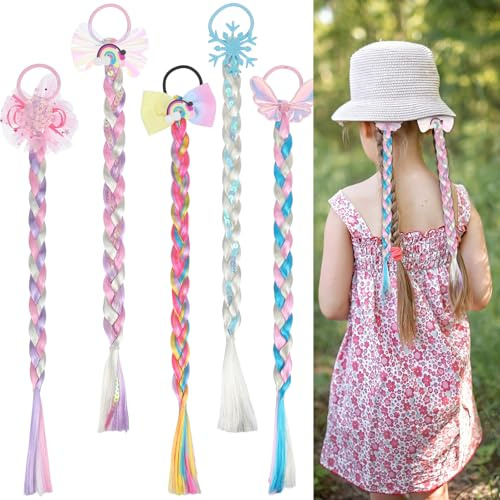 5 Stück Bunte Haarsträhnen, Regenbogen Prinzessin Zopf, Langhaar Perücke Zöpfefür Mädchen, Haarreif Zopf Mit Haargummi, Perücke Pferdeschwanz Haarteil Animation Cosplay perückee für Party Kostüm
