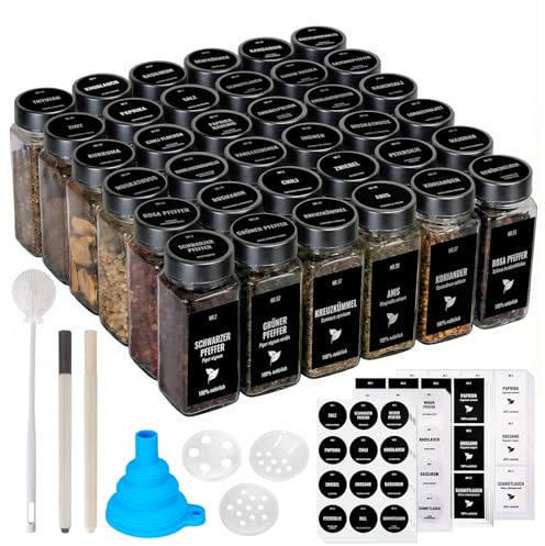 Boic Gewürzgläser Set Mit Edelstahl Drehdeckel(36 X 120ml) Gewürz Organizer | Gewürzstreuer Mit Etiketten Auf Deutsch, Organizer Gewürzgläser Eckig Für Gewürzorganizer, Schrank, Schublade (Schwarz)