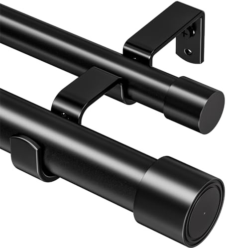 Mavivegue Gardinenstange 2 läufig, Edelstahl, 328-388 cm, Schwarz | Verstellbar Doppelläufig mit Endstück. Rostfrei, Stabil. Ø 2.54 cm. Einfache Montage. Für Wohnzimmer, Schlafzimmer.