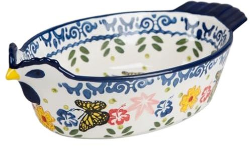 Piatto da Forno in Ceramica Casseruola con Motivo Vintage a Farfalle e Fiori con Manici a Forma di Pollo Utensili da Forno in Ceramica per Cucinare Torte Cena Cucina Cottura