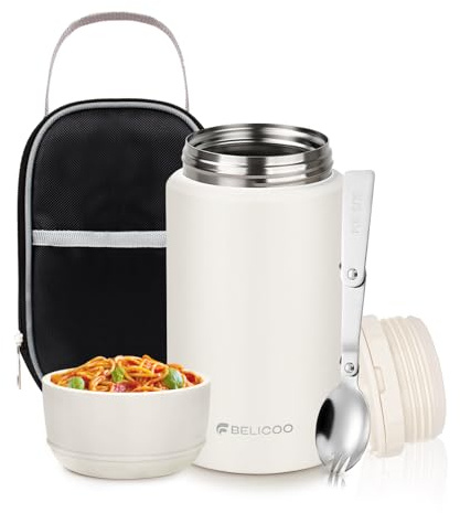 BELICOO Food Flask, 750ml Stainless Steel Vacuum Insulated Food Containers | Leakproof Steel Food Flasks for Hot/Cold Food, BPA Free Food Flasks for Soup Containers with Bag & Spoon