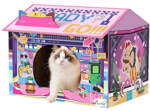 PawHut Cardboard Cat House with Scratching Board & Catnip, 2 in 1 Cat Scratcher Gaming Style for Indoor Kittens, 45x32x35 cm, Pink