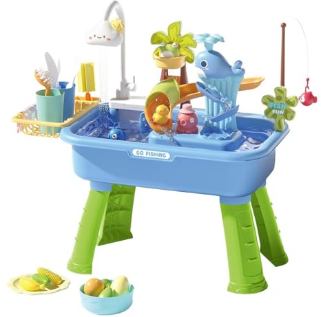 Wasserspieltisch Für Kinder,Neuartige Spieltisch Spieltisch Sand Und Wasser Mit Automatischer Zirkulationspumpe Und Fließendem Wasser, Angelspiel Inklusive, Sensorische Sommer Outdoor Aktivität Für G