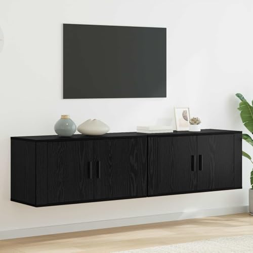Tonture Ensemble Meuble TV Mural en Bois d'ingénierie Chêne Noir 80 x 34,5 x 40 cm avec 4 Portes, 4 étagères, Rangement Suspendu pour Salon Chambre séjour écran Multimedia
