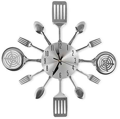 CIGERA 16 Inch Cutlery Kitchen Wall Clocks with Fork and Spoon Dial, Silent Clock Movement and Battery Operated, Great Wall Decor and Housewarming Gifts