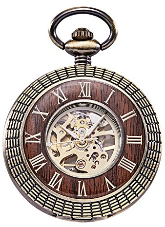 TREEWETO Unisex Holz Taschenuhr mit Kette Analog Handaufzug Skelett Römische Ziffern (Holz066)