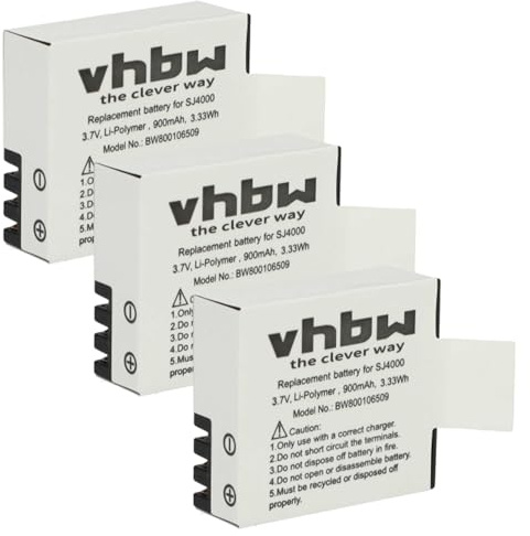 vhbw 3x batteria compatibile con Evolveo Sportcam W8, A8, W7 videocamera camcorder (900mAh, 3,7V, Li-Poly) con infochip