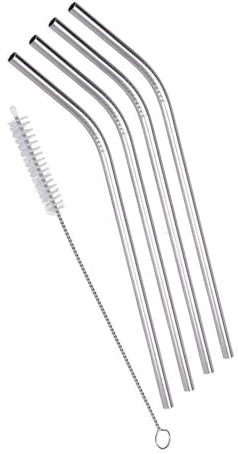 Excellent Houseware Lot de 4 pailles courbées en acier inoxydable avec brosse de nettoyage