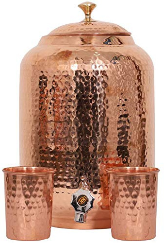 Handgefertigter, gehämmerter Wasserspender aus reinem Kupfer, 4 Liter Wassertopf Matka Ayurveda, Heilwasserspeicher mit 2 Serviergläsern (16 Liter)