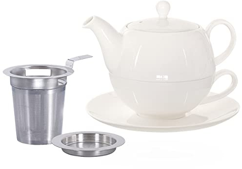 Buchensee Tea for One mit Sieb Lena 500ml aus Crystal Bone China Porzellan in weiß. Teekanne + Teetasse + Untersetzer + Sieb + Abtropfschale