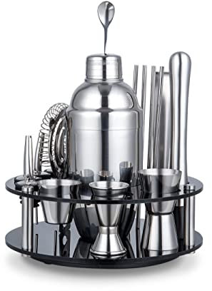 YXSH Juego De Coctelera Kit De Camarero con Soporte Receta De Bebida, Coctelera Profesional De Acero Inoxidable Herramientas para Bar En Casa