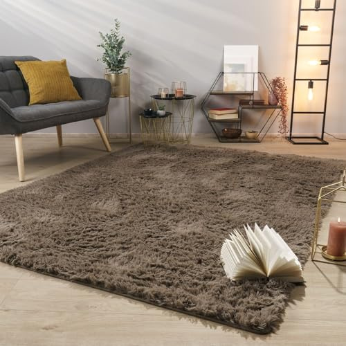 TT Home Teppich Wohnzimmer Hochflor Langflor Weich Soft Modernes Einfarbiges Design, Farbe: Beige Taupe, Größe:160x220 cm