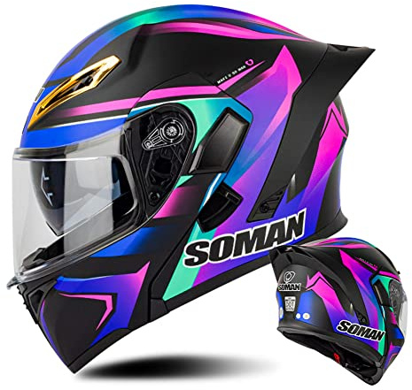 Motorrad Modularer Helm Roller Integralhelm mit Doppelglas DOT Motorradhelme Moped Pendlerhelm Klapphelm für Männer & Frauen (blau-Violette Linien) (57~58cm M)