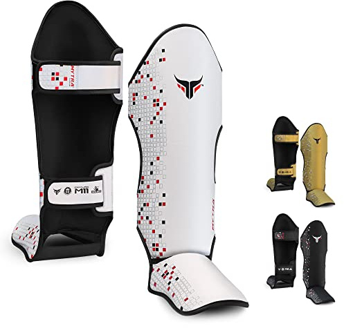 Mytra Fusion Protege Tibia Boxe Protege Tibia MMA, Muay Thai protège Tibia – Shin Instep Protection pour Le Kickboxing, l'entraînement, Le BJJ, l'équipement de Boxe et Les Arts Martiaux (XL, White)