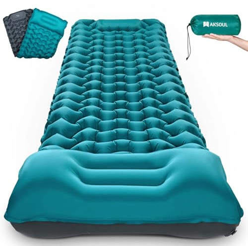 AKSOUL Isomatte Camping Luftmatratze Outdoor: Ultraleicht Groß Aufblasbare Matratze Dick Schlafmatte Mit Kissen Faltbar Thermo Iso Matte Für Zelt Trekking Strand Pfauenblau