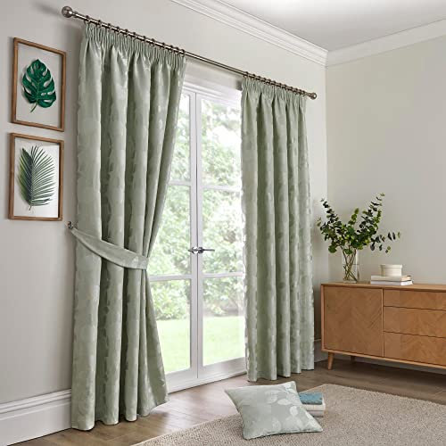 Curtina - Sage Leaf Pencil Pleat Curtains W66 x L90 (168 x 229cm) With Floral Leaves - Fruit Tree Pattern in Green - Luxury Drapes for Bedroom/Living Room