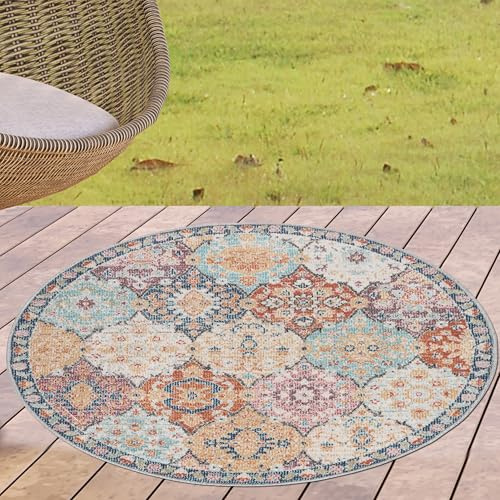 CARPETIA In- & Outdoor Teppich Rund Vintage Ornamente Mehrfarbig Ø 120 cm | Pflegeleicht, UV-beständig, formstabil und saugrobotergeeignet, OEKO-TEX geprüft, für Balkon, Küche & Wohnräume