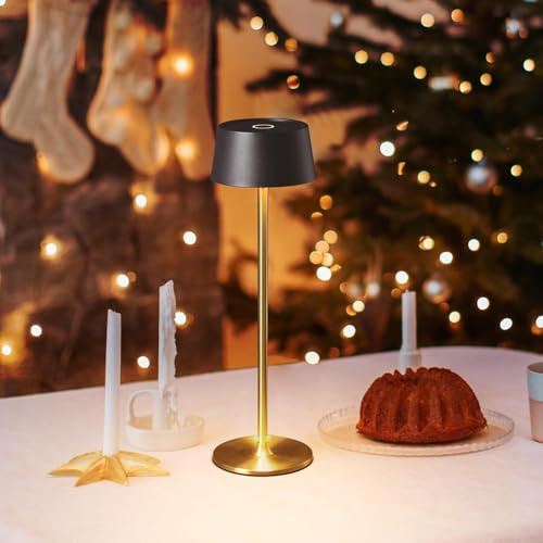 DAWALIGHT Lampada da Tavolo Senza Fili LED 4000mAh Incorporati Luce Dimmerabile Comodino Ricaricabile 2700K con Tocca Controllo per Sala da Pranzo Camera da Letto Ristoranti, Nero + Oro