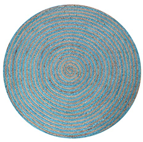 CASAVANI Circle Area Rug - Runde blaue natürliche Chindi-Baumwolle, Jute-Matte, geometrischer Kelim-Teppich, für drinnen und draußen, Flachgewebe, Teppiche für Schlafzimmer, Nachttisch, runder