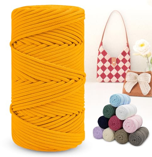 LEREATI Polyester Garn 150m Makramee Garn 4mm Geflochten Polyester-Seil Farbig Häkelgarn, Macrame Cord 4mm für Häkeltasche Umhängetasche Handtasche Geschenk Strickwaren (Goldgelb)
