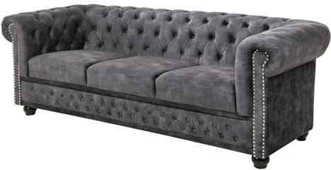 riess-ambiente.de Chesterfield 3er Sofa 205cm grau Samt mit Knopfheftung und Federkern