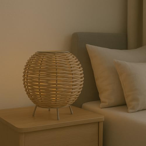 FactorLED Lámpara de Mesa Pantalla de Mimbre, (Max. 40W), Estilo Natural Nórdico, Luz Decorativa sobremesa de noche, para habitaciones o escritorios (SUNNE)