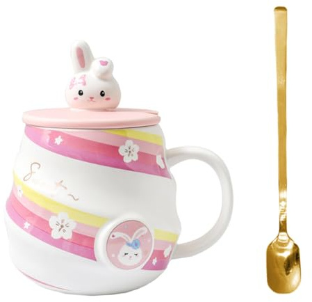 Zerodeko Lustiger Hasen Kaffeebecher aus Keramik mit Deckel und Löffel Trinkbecher 450 ml für Restaurant oder Zuhause