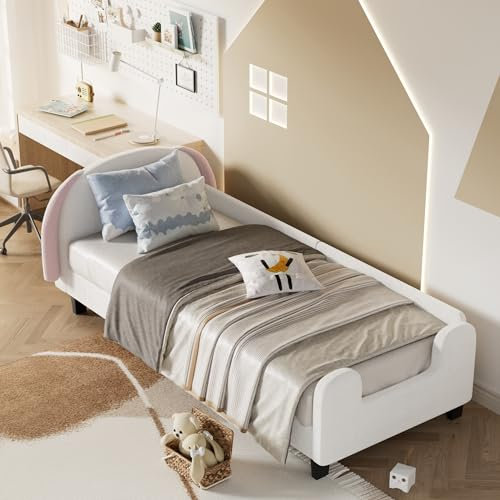 MYBOO Kinderbett 90 x 200 cm, Hasenform Einzelbett Bettgestell mit Holz Lattenrost und Kopfteil, Rückenlehne Bett Bettrahmen, Sherpa, ​​Weiß+Rosa, ohne Matratze
