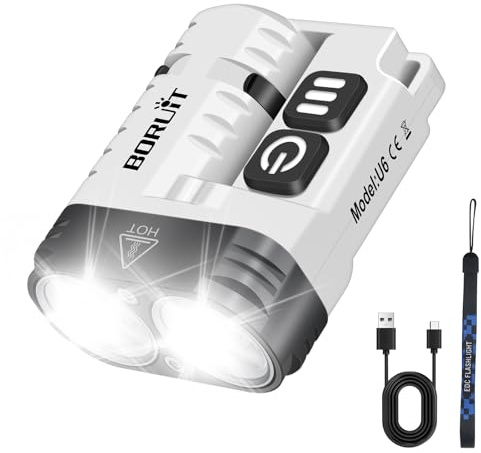 BORUIT U6 Mini Lampe de Poche, 1600 Lumens Rechargeable Petite Lampe de Poche, Super Lumineux 9 Modes, Avec IP68 Etanche, Clip Rotatif, Queue MagnéTique, Pour Camping Travail Urgence (blanc)