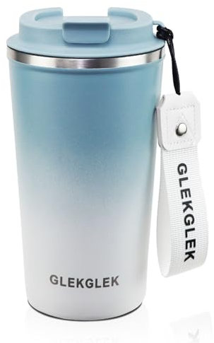 GLEKGLEK Insulated Travel Mug 500ml Reusable Thermal Coffee Cups for Hot Drinks with Lid and Strap (Blue White Gradient)