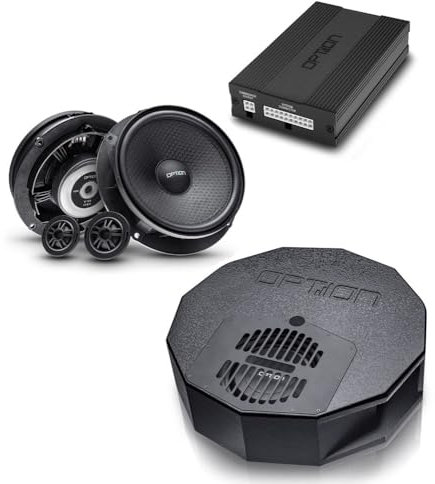 Option Sistema de sonido V3 compatible con Skoda Superb III – Plug & Play – Amplificación de sonido con altavoz frontal, subwoofer de rueda de repuesto y amplificador DSP, incluye accesorios de