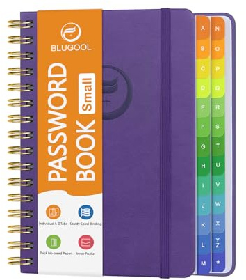 Passwortbuch mit alphabetischen Registern, Passworthalter für Senioren, 11,9 x 14,7 cm | Kleines Passwort-Notizbuch mit Spiralbindung und bunten einzelnen Registern für Webseiten-Logins, Violett