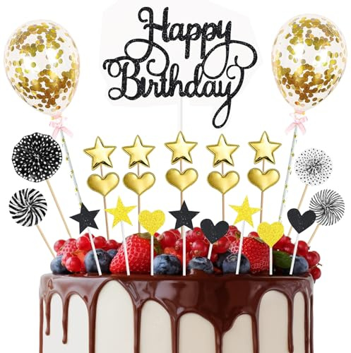 MEETOZ Happy Birthday Cake Topper, 25pcs Black Gold Glitter Happy Birthday Cake Topper with Star Heart Paper Fan Balloon, Birthday Cupcake Topper for Girls Boys Anniversary Birthday Party Decor