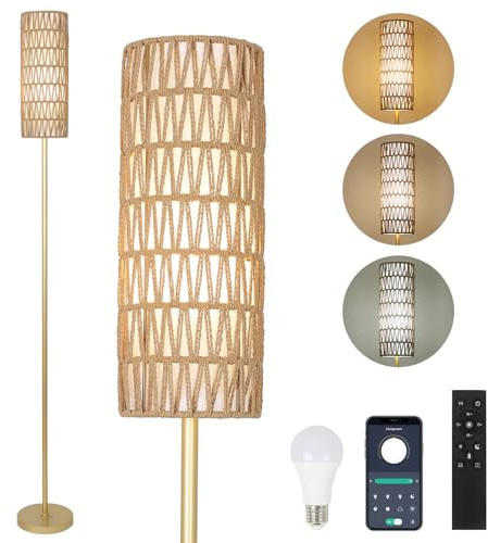 Rayofly Gold Stehlampe Wohnzimmer, Dimmbar Stehlampe mit Fernbedienung, App-Steuerung, Rattan Stehlampen mit Rattan & Leinen Lampenschirm, Modern Stehleuchte, Floor Lamp für Schlafzimmer, Büro
