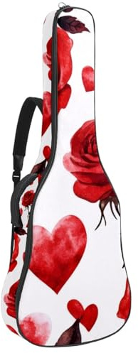 KengjuTesu 43 Zoll Akustikgitarre Softcase mit Rucksackgurt und 2 Taschen Red Hearts Rose, Keine Polsterung Rucksack Wasserdicht Oxford Tuch Bassgitarre Gigbag für Konzertgitarre, mehrfarbig,