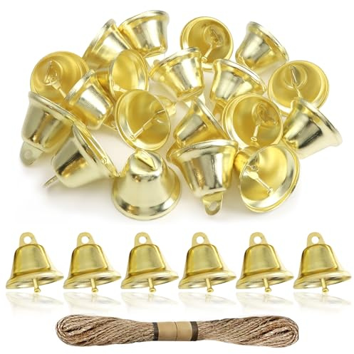 TOAOB 20 Stück Goldglocken zum Basteln Gold Glocken 38 mm Metallglöckchen Mit 1 Rollen Hanfseil für Windspiele Machen Handwerk Urlaubsdekoration Weihnachtsglocken Haustierglocken
