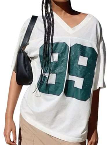 Women Oversized Jersey Shirts Y2k T Shirt Number Graphic Aesthetic Tee V Neck Short Sleeve Loose Fit Streetwear Top
