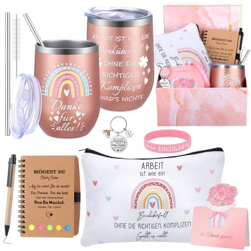 Vyuwast Dankeschön Geschenke Set,Danke Geschenke für Kollegen | Abschiedsgeschenk Kollegin,Thermosbecher 12 oz,Schlüsselanhänger,Notizbuch, Kosmetiktasche,Silikonarmband,Dankeskarte