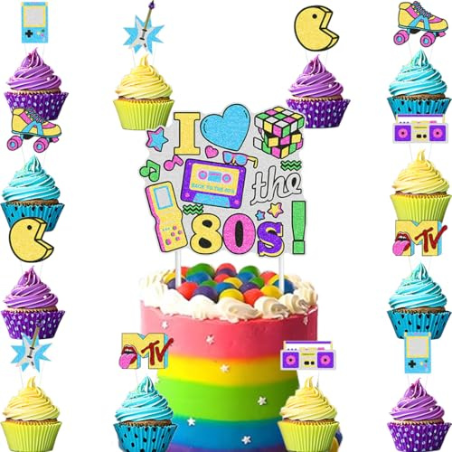 80er Geburtstag Tortendeko,Doyomtoy 80's Cake Topper Disco Cupcake Topper Geburtstag für Mädchen Junge Back to 80er Hip Pop Party Deko 13 Stück