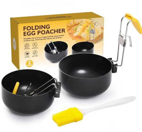 Folding Poached Egg Maker, 2 Pack Stainless Steel Egg Poacher, with Anti-Scald Folding Handle & Brush, Non-Stick Egg Poacher Pan, Kitchen Gadgets, Breakfast Cooking