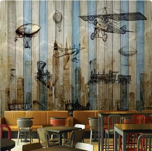 XLMING Hand Painted Vintage Woodgrain Aircraft Creative 3D Wallpaper Luxury Home Dining Decor Paste Sofa Living Room The Wall for Bedroom Mural-200cm×140cm