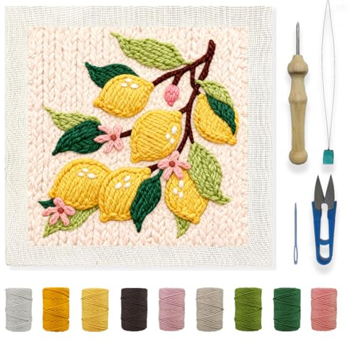 INFUNLY Zitronenblüten Punch Needle Sticksets Zitronenzweig DIY Punch Needle Set Für Anfänger Pflanzengestempelter Teppich Garn Hooking Set Mit Vorgedruckter Musteranleitung Für Bastelliebhaber