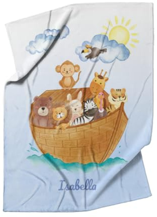 fotobar Babydecke mit Namen personalisierbar, Kuscheldecke, Namensdecke mit niedlichem Tiermotiv, Geschenkidee Geburtstag Motiv Tiere Arche 75 x 100 cm