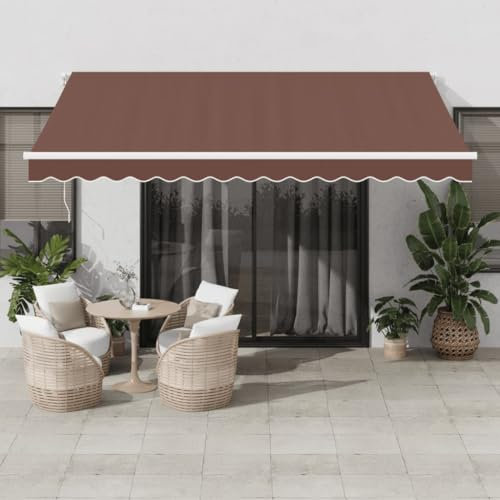 IKAYAA Tenda Retrattile elettrica Tenda da Sole 400x350 Retrattile Automatica con Manovella con Telecomando manovella Manuale e Telaio in Alluminio-Marrone e bianco-400 x 350 cm